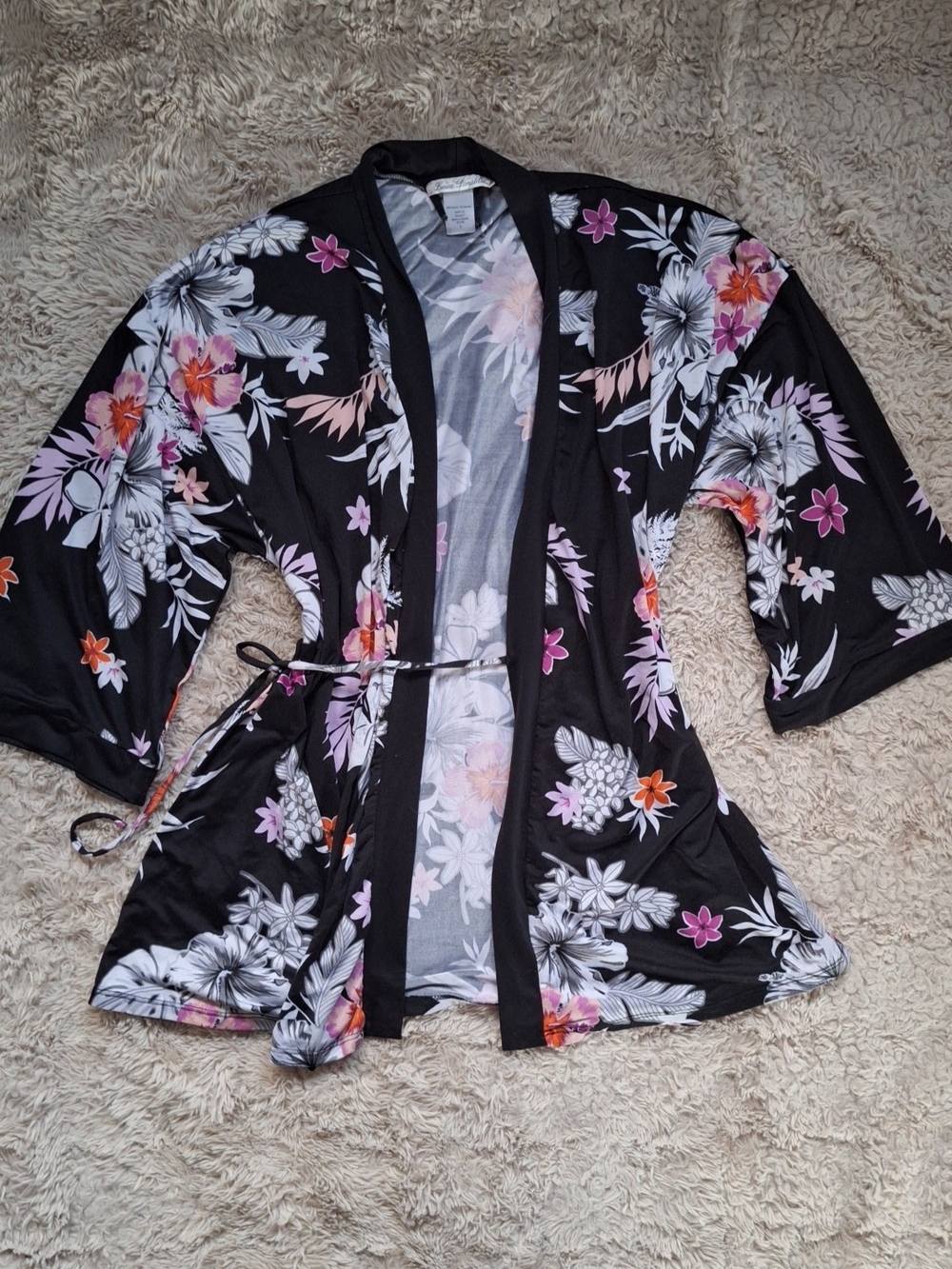 Linea Donatella Black Floral Satin Kimono Robe with Pink & Orange Accents